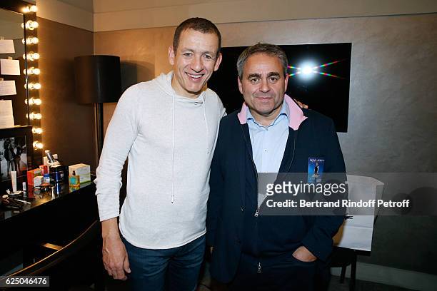 Dany Boon and politician Xavier Bertrand pose Backstage after the "Dany De Boon Des Hauts-De-France" Show at L'Olympia on November 16, 2016 in Paris,...