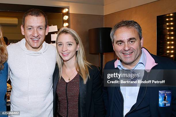 Dany Boon, politician Xavier Bertrand and his wife Emmanuelle Gontier pose Backstage after the "Dany De Boon Des Hauts-De-France" Show at L'Olympia...