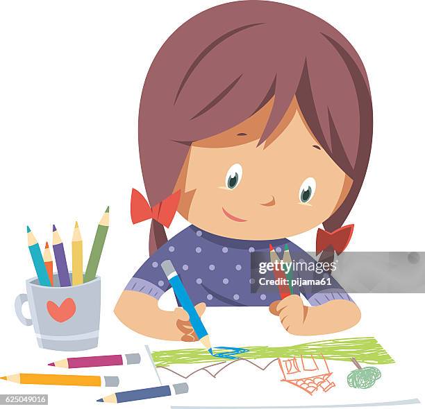 little girl drawing - smiling baby white background stock illustrations