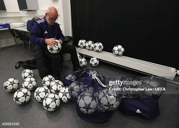 Kit man inspect the match ball's during the UEFA Champions League match between FC Copenhagen and FC Porto at Parken Stadium on November 22, 2016 in...