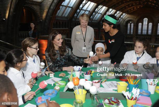 The Duchess of Cambridge makes a dinosaur egg whilst attending a children's tea party with pupils from Oakington Manor Primary School in Wembley, at...
