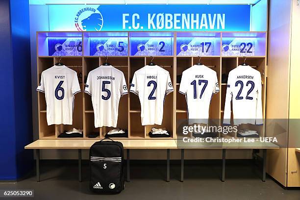 Shirts hanging up in the FC Copenhagen changing room during the UEFA Champions League match between FC Copenhagen and FC Porto at Parken Stadium on...