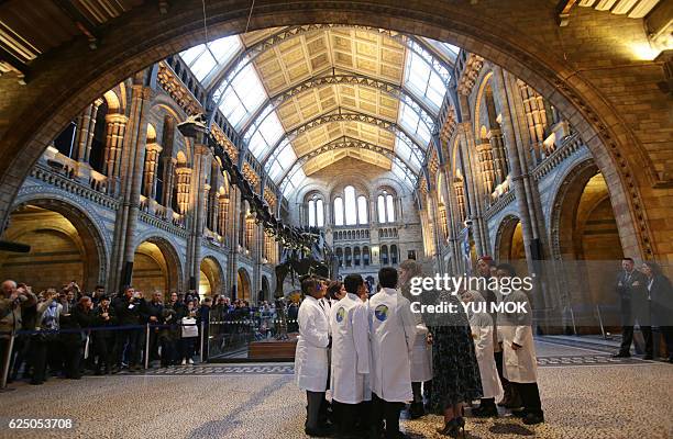 Britain's Catherine, Duchess of Cambridge, talks with children from Oakington Manor Primary School in front of a diplodocus skeleton, known as...