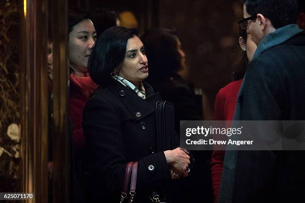 Seema Verma, president and founder of SVC Inc., gets into an elevator as she arrives at Trump Tower, November 22, 2016 in New York City....