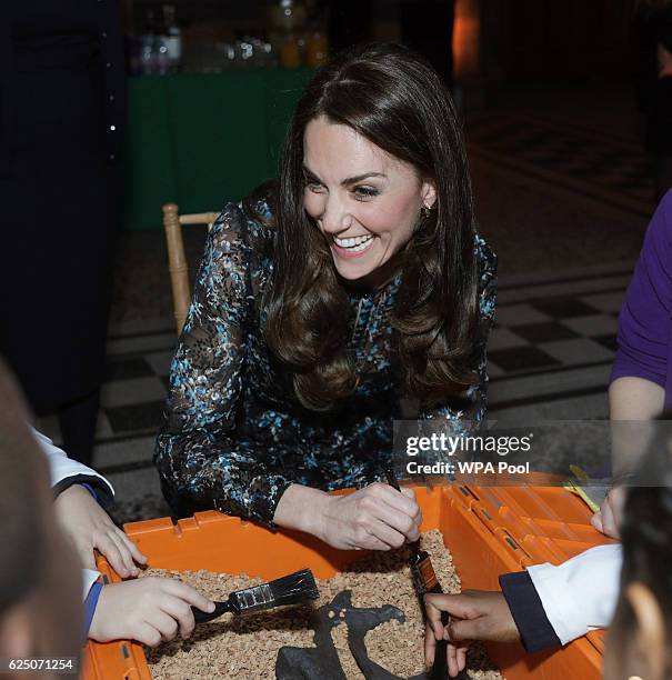 Catherine, Duchess of Cambridge attends a children's tea party with pupils from Oakington Manor Primary School in Wembley, at the Natural History...