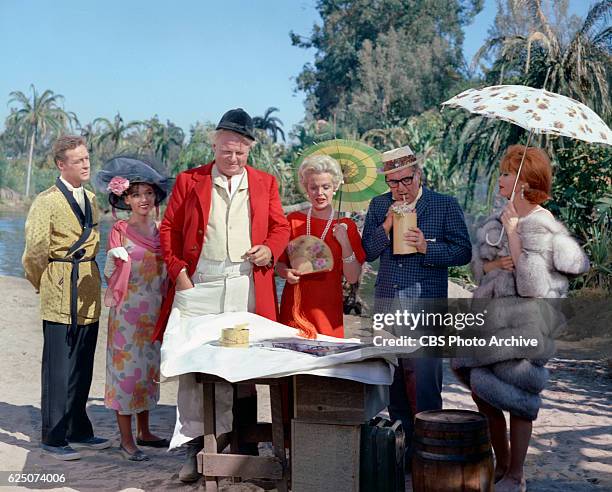 Television situation comedy program Gilligan's Island, episode 'Home Sweet Hut.' Filmed at the lagoon, CBS Studio Center, Studio City, CA. Image...