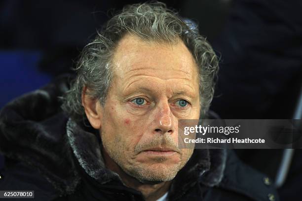 Michel Preud'homme head coach of Club Brugge looks on during the UEFA Champions League match between Leicester City FC and Club Brugge KV at The King...