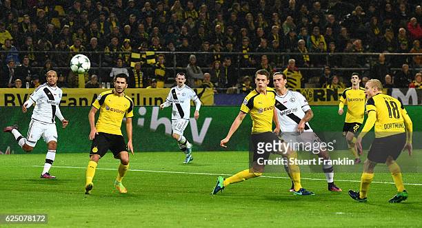 Aleksandar Prijovic of Legia Warszawa scores his teams opener during the UEFA Champions League Group F match between Borussia Dortmund and Legia...