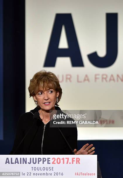 Isabelle Juppe, wife of Bordeaux mayor and candidate for the French right-wing presidential primary Alain Juppe, delivers a speech during a public...