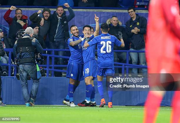 Shinji Okazaki of Leicester City celebrates after scoring to make it 1-0 during the UEFA Champions League match between Leicester City and Club...