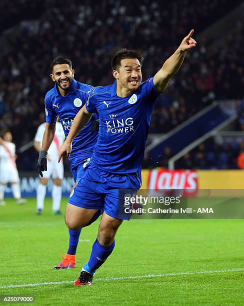 Shinji Okazaki of Leicester City celebrates after he scores a goal to make it 1-0 during the UEFA Champions League match between Leicester City FC...