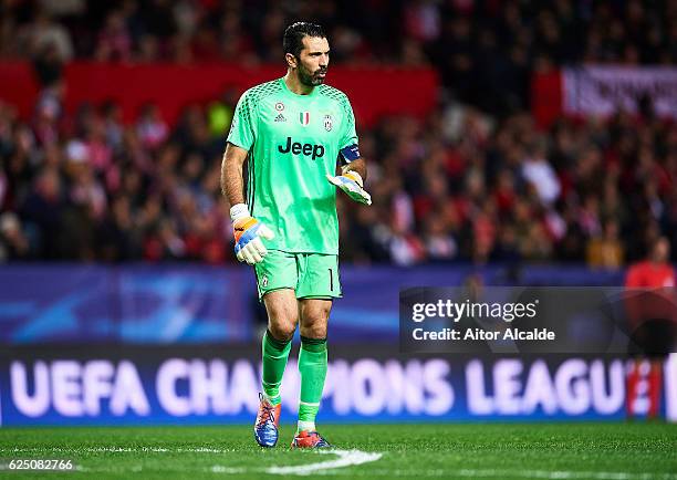 Gianluigi Buffon of Juventus looks on during the UEFA Champions League match between Sevilla FC and Juventus at Estadio Ramon Sanchez Pizjuan on...