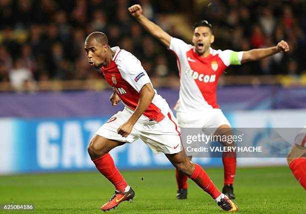 Monaco's French defender Djibril Sidibe celebrates after scoring during the UEFA Champions League group E football match AS Monaco and Tottenham...