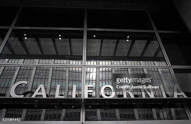 Sign is displayed on the front of a Californi State building on November 22, 2016 in San Francisco, California. The group Yes California and...