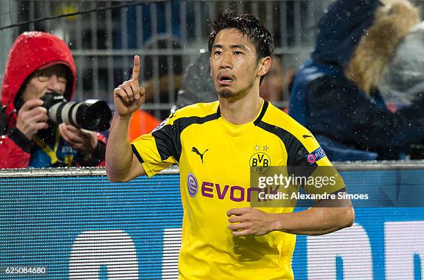 Shinji Kagawa of Borussia Dortmund celebrates after scoring the goal to the 1:1 during the UEFA Champions League: First Qualifying Round 2nd Leg...