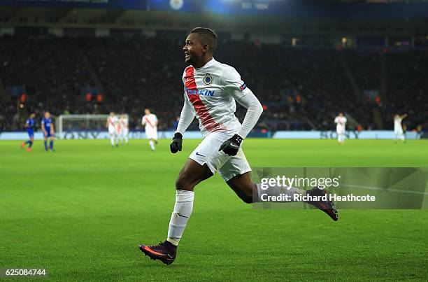 Jose Izquierdo of Club Brugge celebrates scoring his sides first goal during the UEFA Champions League match between Leicester City FC and Club...