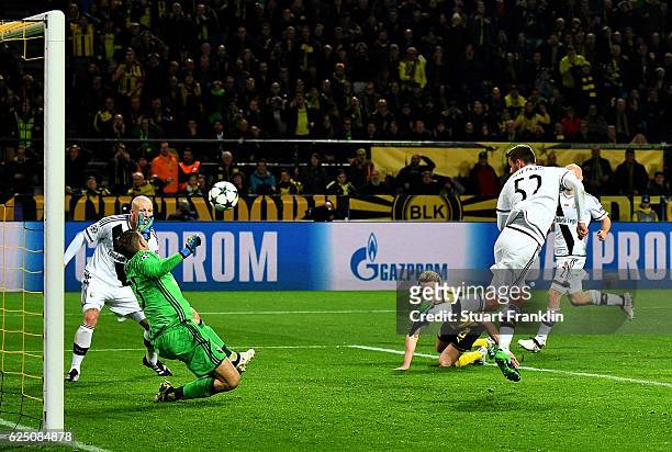 Felix Passlack of Borussia Dortmund scores his teams seventh goal during the UEFA Champions League Group F match between Borussia Dortmund and Legia...