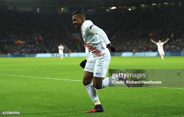 Jose Izquierdo of Club Brugge celebrates scoring his sides first goal during the UEFA Champions League match between Leicester City FC and Club...