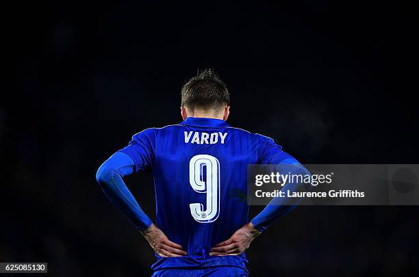 Jamie Vardy of Leicester City during the UEFA Champions League Group G match between Leicester City FC and Club Brugge KV at The King Power Stadium...