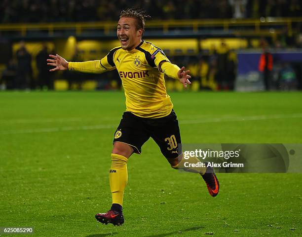 Felix Passlack of Borussia Dortmund celebrates scoring his teams seventh goal during the UEFA Champions League Group F match between Borussia...