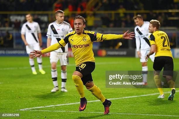 Felix Passlack of Borussia Dortmund celebrates scoring his teams seventh goal during the UEFA Champions League Group F match between Borussia...