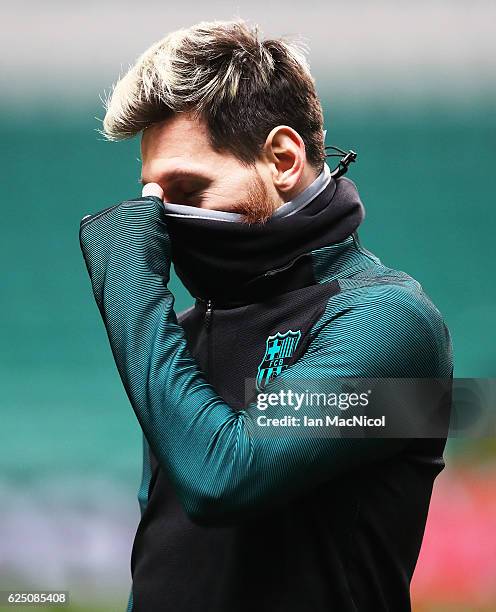 Lionel Messi of Barcelona is seen during a training session prior to the UEFA Champions League match between Celtic FC and FC Barcelona at Celtic...