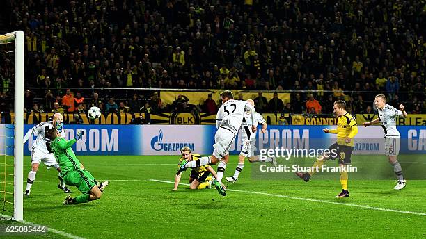 Felix Passlack of Borussia Dortmund scores his teams seventh goal during the UEFA Champions League Group F match between Borussia Dortmund and Legia...