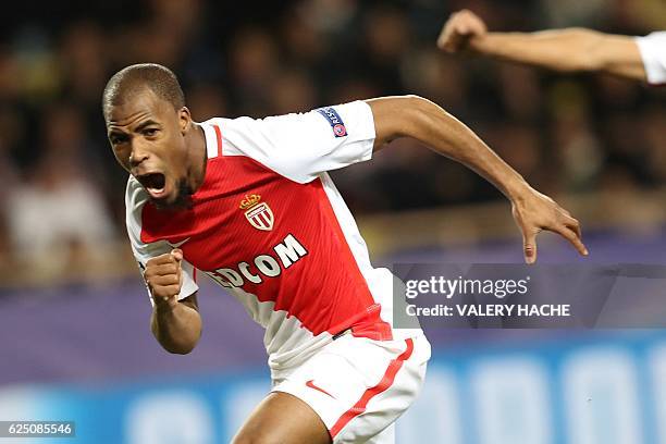 Monaco's French defender Djibril Sidibe celebrates after scoring their first goal during the UEFA Champions League group E football match AS Monaco...