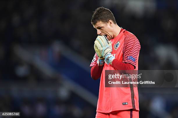 Ludovic Butelle of Club Brugge reacts during the UEFA Champions League Group G match between Leicester City FC and Club Brugge KV at The King Power...