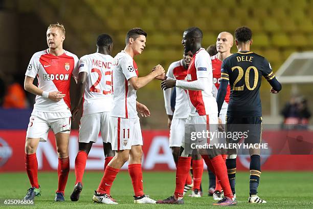 Monaco's players celebrate after winning the UEFA Champions League group E football match AS Monaco and Tottenham Hotspur FC at the Louis II stadium...