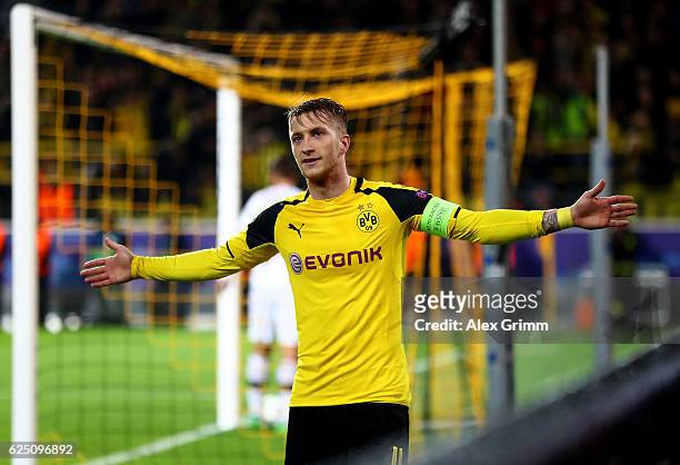 Marco Reus of Borussia Dortmund celebrates scoring his third and his teams eighth during the UEFA Champions League Group F match between Borussia...