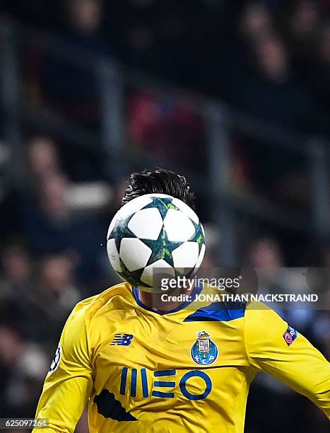 Porto's Portuguese forward Andre Silva during the UEFA Champions League group G football match between FC Porto and FC Copenhagen at the Parken...