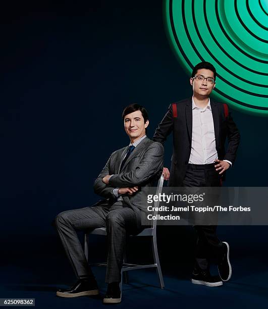Cofounder of Fiscalnote, Timothy Hwang and cofounder of Robinhood, Vladimir Tenever are photographed for Forbes Magazine in December 2015 in New York...