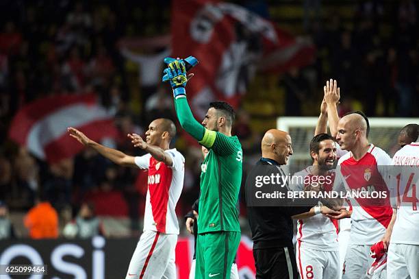 Monaco's players celebrate after winning the UEFA Champions League group E football match AS Monaco and Tottenham Hotspur FC at the Louis II stadium...