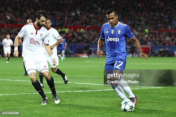Juventus defender Alex Sandro in action during the Uefa Champions League group stage football match n.5 SEVILLA - JUVENTUS on at the Stadio Ramon...