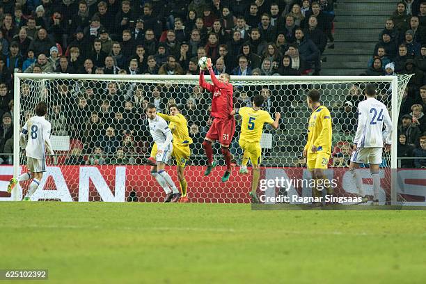 Robin Olsen of FC Copenhagen controls the ball during the UEFA Champions League group stage match between FC Copenhagen and FC Porto at Parken...