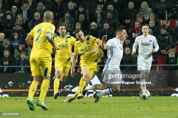 Diogo Jota of FC Porto and Benjamin Verbic of FC Copenhagen compete for the ball during the UEFA Champions League group stage match between FC...