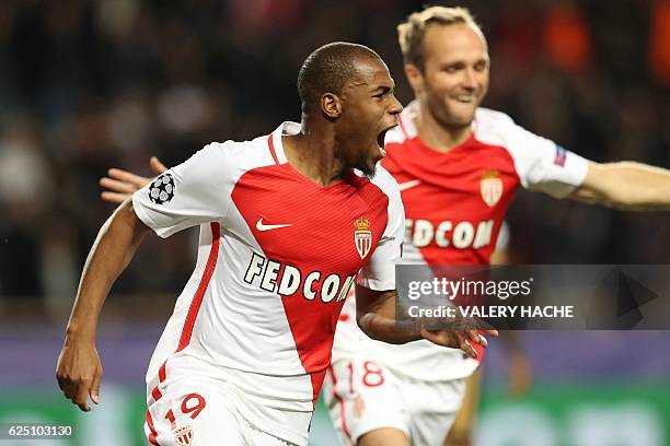 Monaco's French defender Djibril Sidibe celebrates after scoring during the UEFA Champions League group E football match AS Monaco and Tottenham...