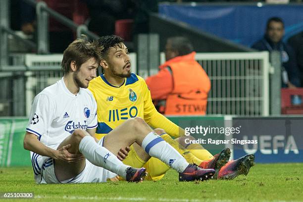 Rasmus Falk of FC Copenhagen and Alex Telles of FC Porto in action during the UEFA Champions League group stage match between FC Copenhagen and FC...