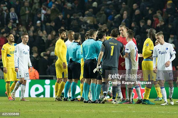 Players meet after the UEFA Champions League group stage match between FC Copenhagen and FC Porto at Parken Stadium on November 22, 2016 in...