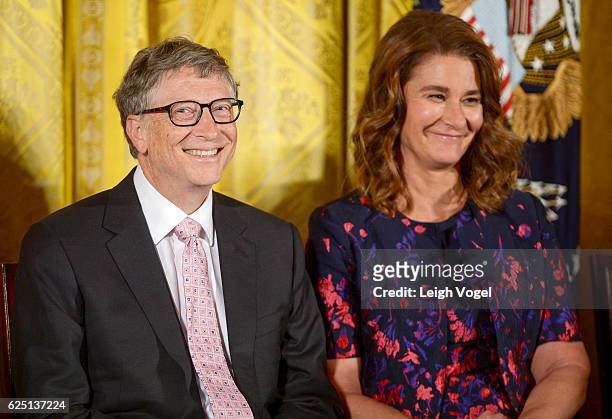 President Barack Obama presents Bill Gates and Melinda Gates with the 2016 Presidential Medal Of Freedom at the White House on November 22, 2016 in...