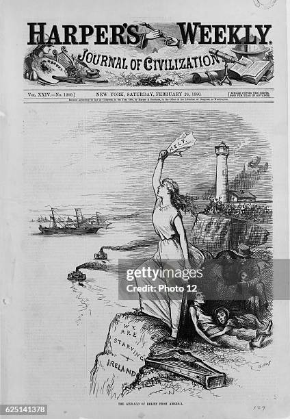 Famine in Ireland. Front page of the "Harper's Weekly" newspaper, showing Ireland standing on the cliffs signalling for help from America, while a...