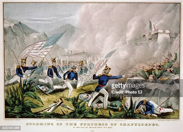 Mexican-American War 1846-1848: US forces under Winfield Scott_storming the Fortress of Chapultepec, Mexico City. Hand-coloured engraving.