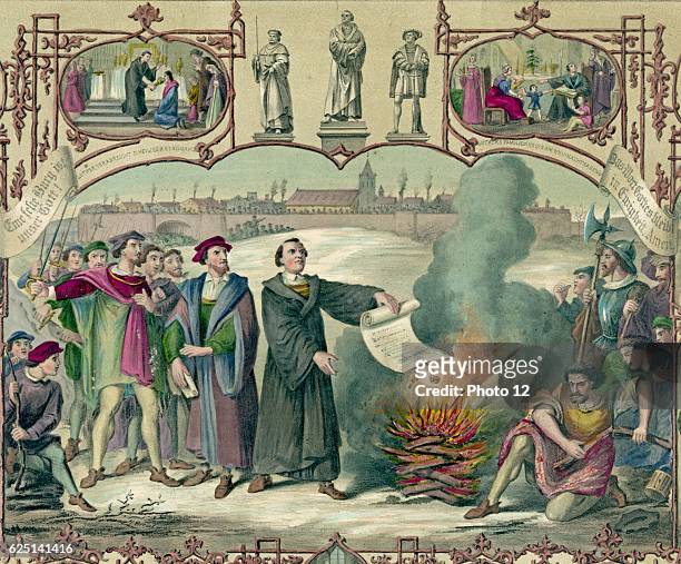 Martin Luther, German Protestant reformer burning the Papal Bull excommunicating him, Wittenberg. Surrounding vignettes show episodes in his life and...