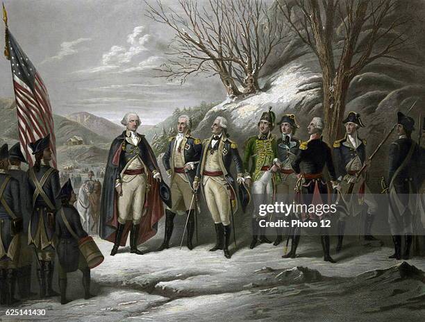 Revolutionary War 1775-1783 : George Washington, left, with other officers including De Kalb, Von Steuben, Pulaski, Kosciouszko, Lafayette and...