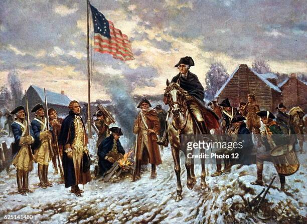After painting by Edward P Moran. Revolutionary War 1775-1783 : Washington at Valley Forge, Pennsylvania, l December 1777 the site he chose for the...