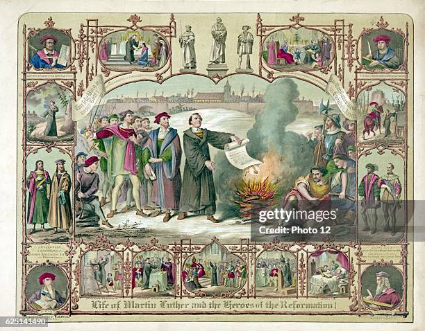 Martin Luther, German Protestant reformer burning the Papal Bull excommunicating him, Wittenberg. Surrounding vignettes show episodes in his life and...