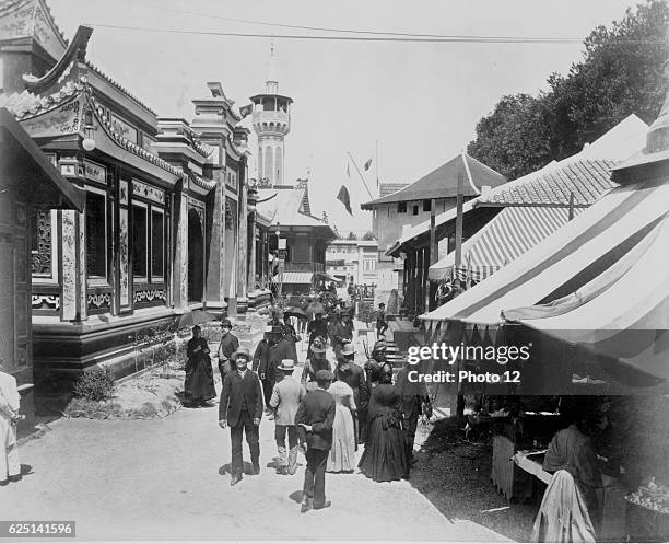 Paris Exposition of 1889: L'Esplanade des Invalides with the Annam and Tonkin Pavilion on the left. Today Annam and Tonkin are known as Vietnam but...