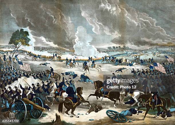 American Civil War 1861-1865: Battle of Gettysburg 1-3 July 1863. General Lee's last invasion of the North._Union infantry advancing from the right....