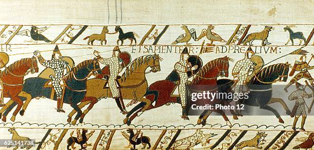 Bayeux Tapestry. Battle of Hastings, 14 October 1066. Norman cavalry charging. William I, the Conqueror, defeated Harold II, last Anglo-Saxon king of...